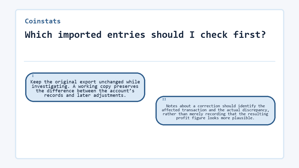 Which imported entries should I check first?: Keep the original export unchanged while investigating. A working copy preserves the difference between the account’s records and later adjustments.; Notes about a correction should identify the affected transaction and the actual discrepancy, rather than merely recording that the resulting profit figure looks more plausible.