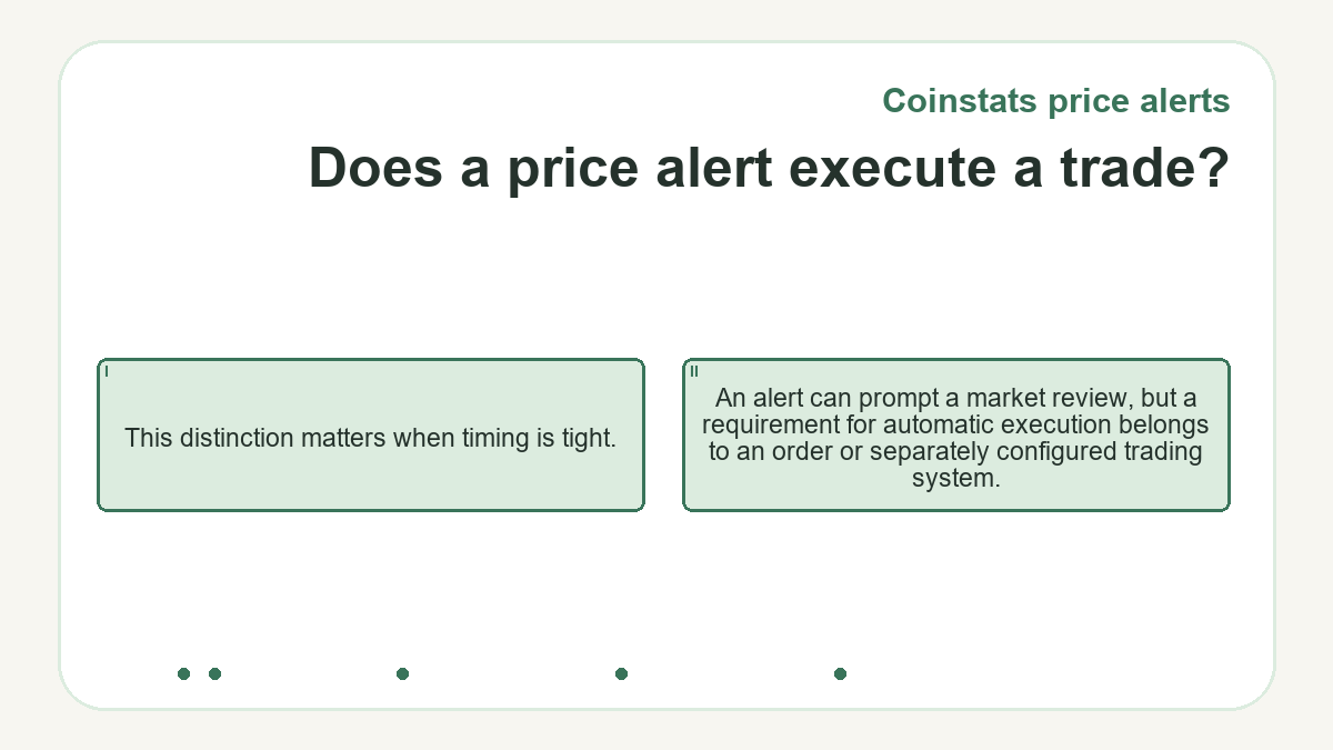 Does a price alert execute a trade?: This distinction matters when timing is tight.; An alert can prompt a market review, but a requirement for automatic execution belongs to an order or separately configured trading system.